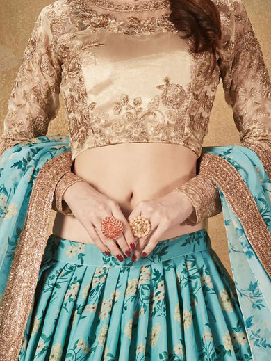 Sabyasachi Sky Blue Floral Organza Bridal Lehenga Choli